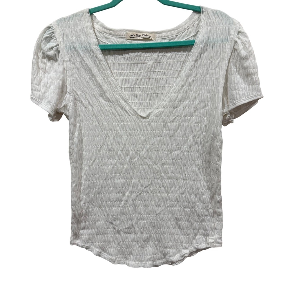 Free People We The Free People White‎ Smocked Puff Sleeve V-Neck Top Medium